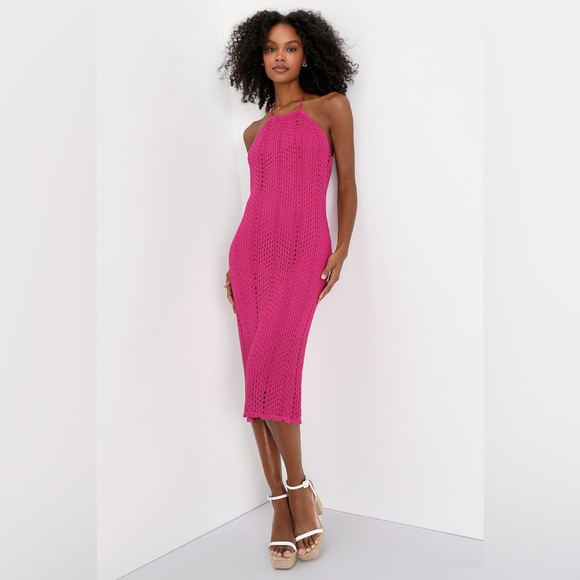 Lulu's Dresses & Skirts - Lulus Sensational Sunshine Magenta Crochet Halter Midi Dress